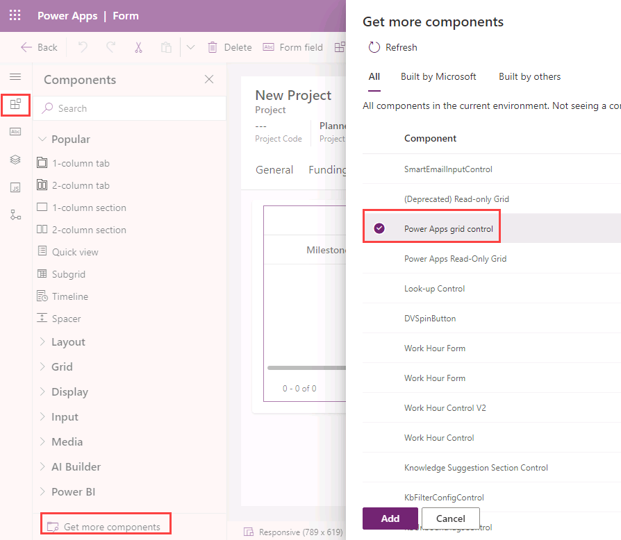 Add Power Apps grid control.