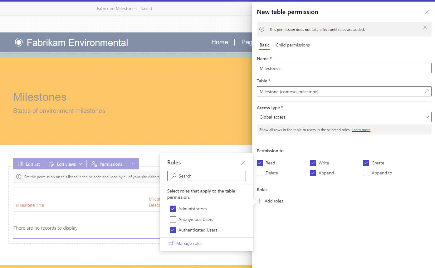 Power Pages table permissions.