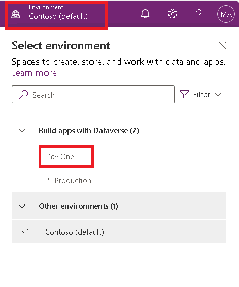 Select Development environment in the Power Apps maker portal.